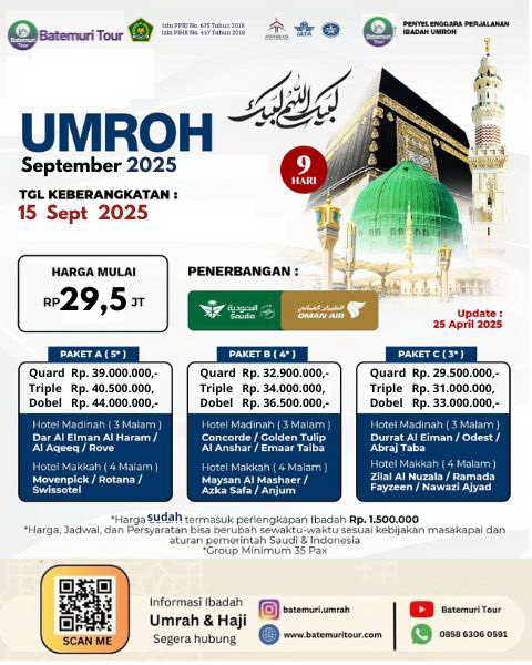 Paket Umrah Reguler , Umrah 9D , BTT –Ast,  Keberangkatan 15 September 2025